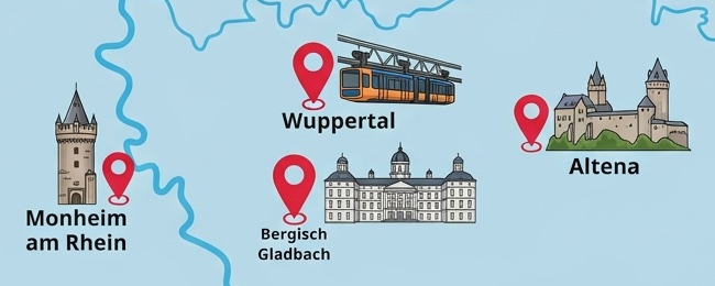 Karte mit den vier Standorten Monheim am Rhein, Bergisch Gladbach, Wuppertal und Altena